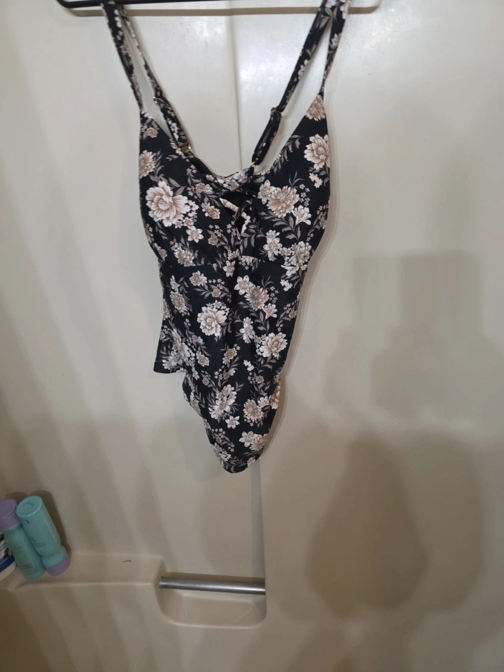 Black Floral One-Piece Swimsuit with Cream Flowers